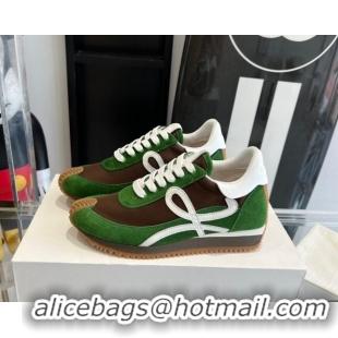 Classic Hot Loewe Flow Runner Sneakers in calfskin, nylon and suede Green/Brown 0221058