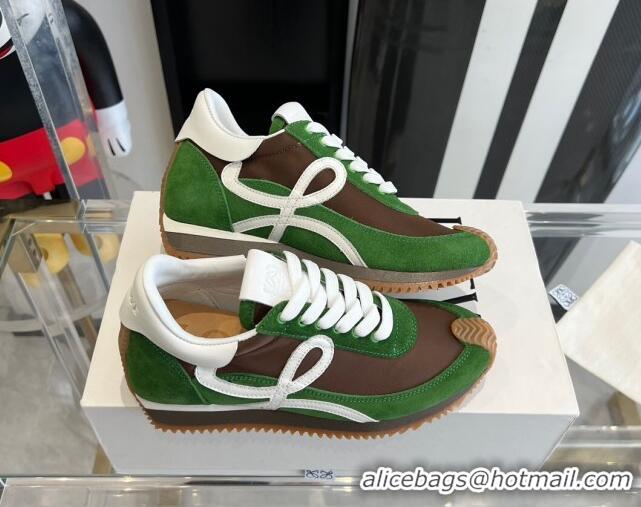 Classic Hot Loewe Flow Runner Sneakers in calfskin, nylon and suede Green/Brown 0221058