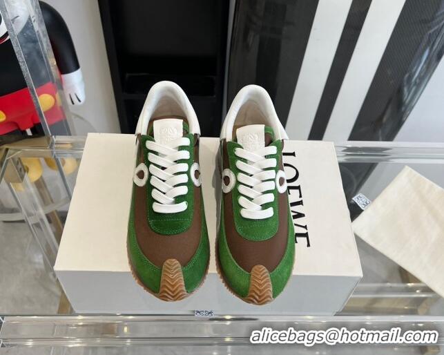 Classic Hot Loewe Flow Runner Sneakers in calfskin, nylon and suede Green/Brown 0221058