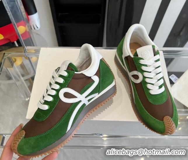 Classic Hot Loewe Flow Runner Sneakers in calfskin, nylon and suede Green/Brown 0221058