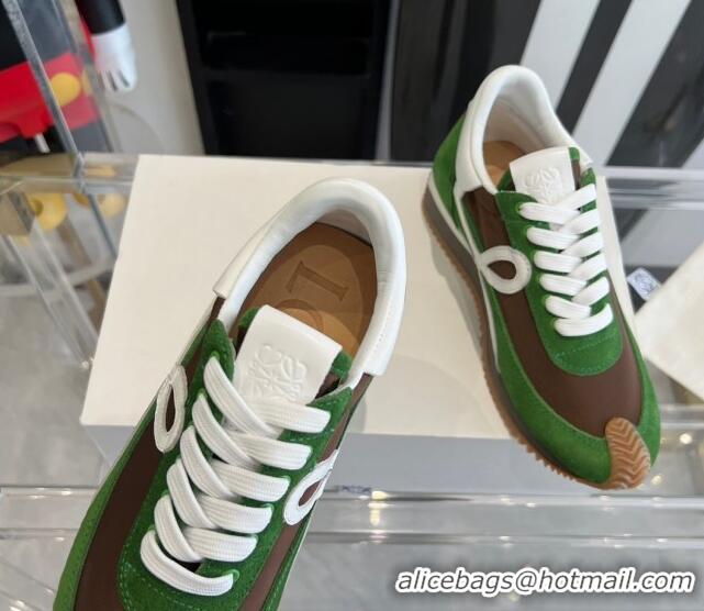 Classic Hot Loewe Flow Runner Sneakers in calfskin, nylon and suede Green/Brown 0221058