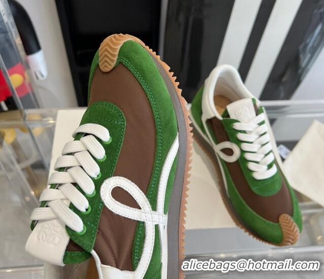 Classic Hot Loewe Flow Runner Sneakers in calfskin, nylon and suede Green/Brown 0221058