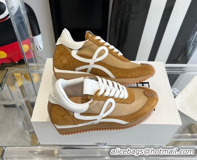 Hot Style Loewe Flow Runner Sneakers in calfskin, nylon and suede Brown/Beige 0221061