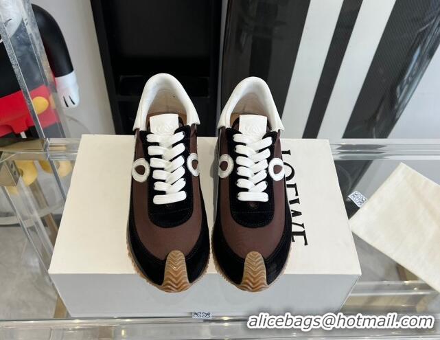 Luxury Discount Loewe Flow Runner Sneakers in calfskin, nylon and suede Brown/Black 0221059