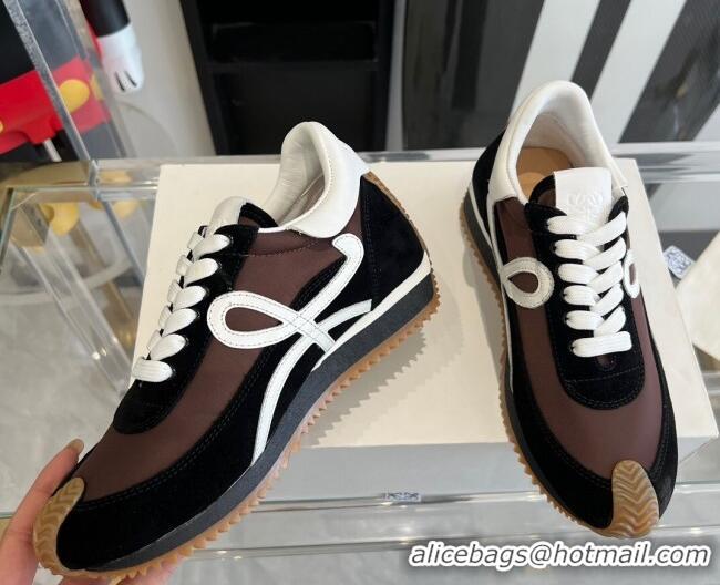 Luxury Discount Loewe Flow Runner Sneakers in calfskin, nylon and suede Brown/Black 0221059