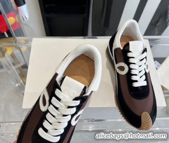 Luxury Discount Loewe Flow Runner Sneakers in calfskin, nylon and suede Brown/Black 0221059