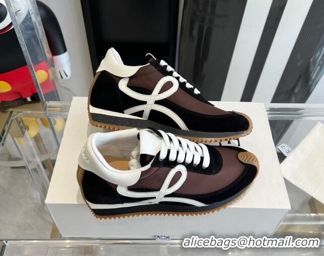 Luxury Discount Loewe Flow Runner Sneakers in calfskin, nylon and suede Brown/Black 0221059