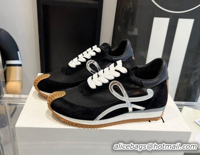 Stylish Loewe Flow Runner Sneakers in Mesh and suede Black/Silver 0221070