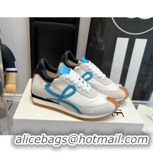 Luxury Cheap Loewe Flow Runner Sneakers in calfskin, nylon and suede White/Blue 0221072