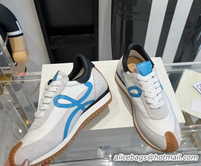 Luxury Cheap Loewe Flow Runner Sneakers in calfskin, nylon and suede White/Blue 0221072