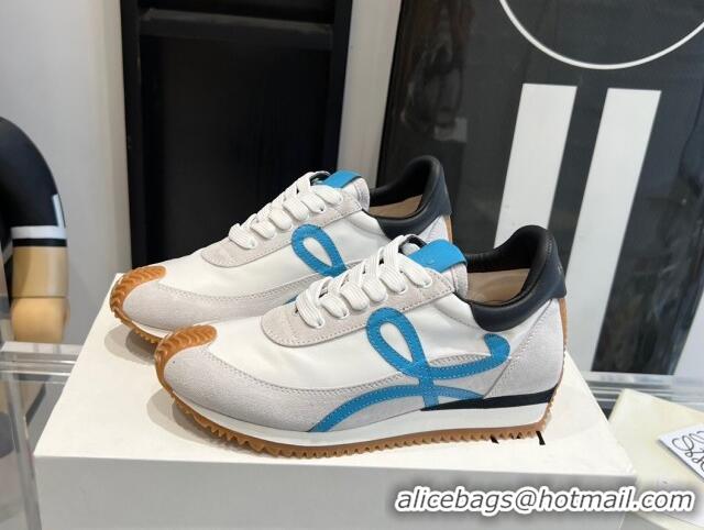 Luxury Cheap Loewe Flow Runner Sneakers in calfskin, nylon and suede White/Blue 0221072