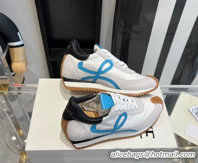 Luxury Cheap Loewe Flow Runner Sneakers in calfskin, nylon and suede White/Blue 0221072