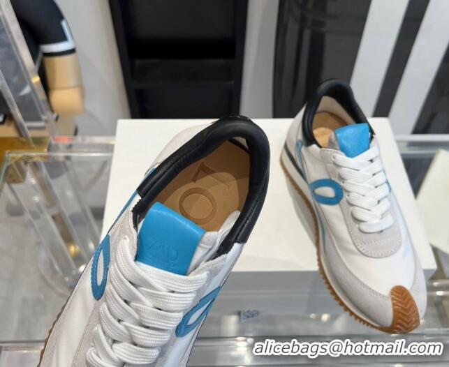 Luxury Cheap Loewe Flow Runner Sneakers in calfskin, nylon and suede White/Blue 0221072