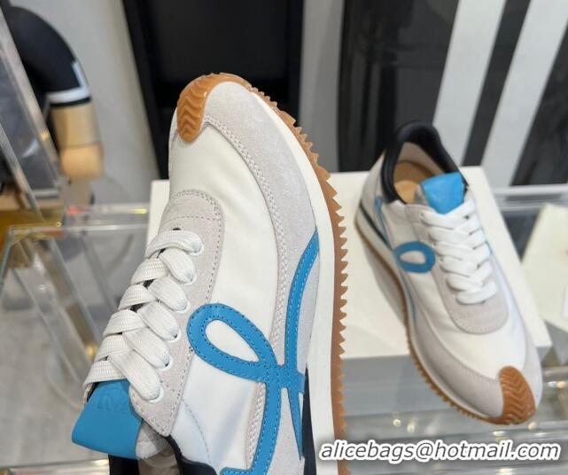 Luxury Cheap Loewe Flow Runner Sneakers in calfskin, nylon and suede White/Blue 0221072