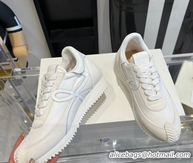 Popular Style Loewe Flow Runner Sneakers in calfskin, nylon and suede All White 0221073