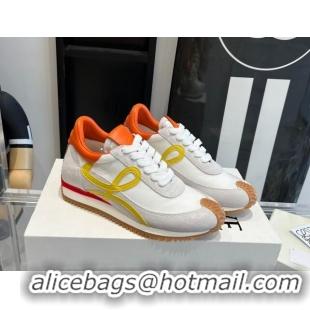 Luxury Cheap Loewe Flow Runner Sneakers in calfskin, nylon and suede White/Orange 0221074