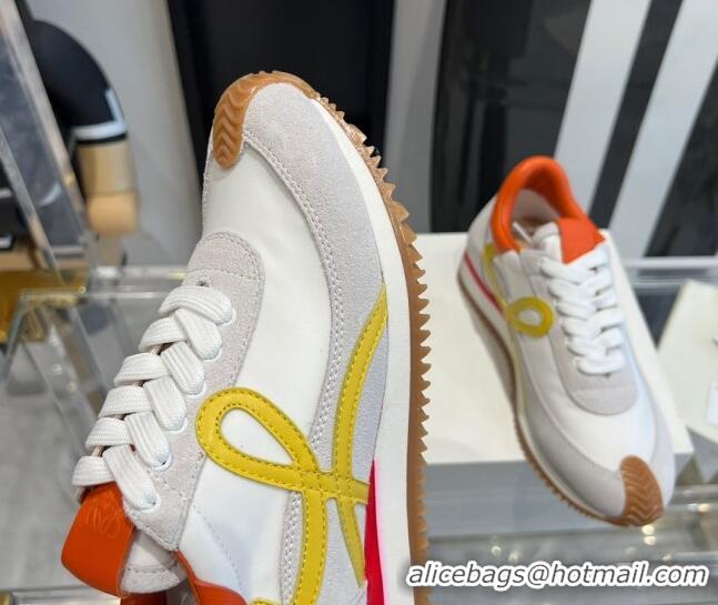 Luxury Cheap Loewe Flow Runner Sneakers in calfskin, nylon and suede White/Orange 0221074