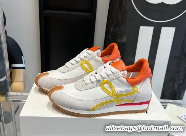 Luxury Cheap Loewe Flow Runner Sneakers in calfskin, nylon and suede White/Orange 0221074