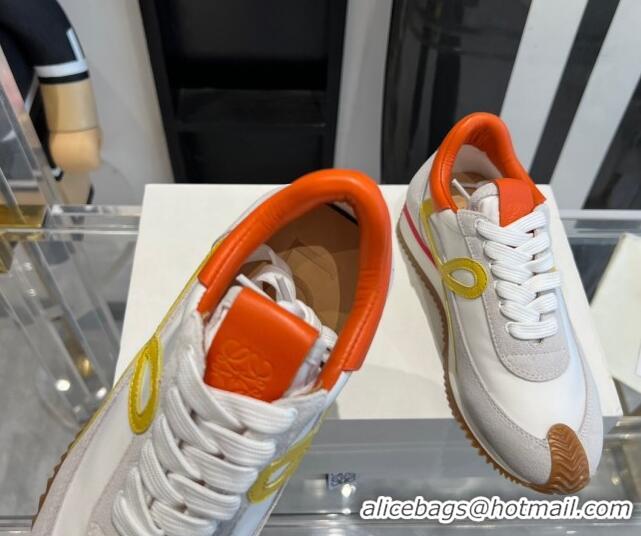 Luxury Cheap Loewe Flow Runner Sneakers in calfskin, nylon and suede White/Orange 0221074