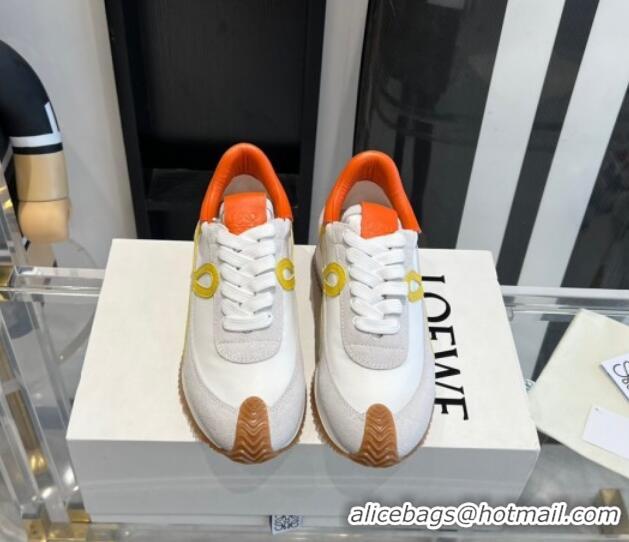 Luxury Cheap Loewe Flow Runner Sneakers in calfskin, nylon and suede White/Orange 0221074