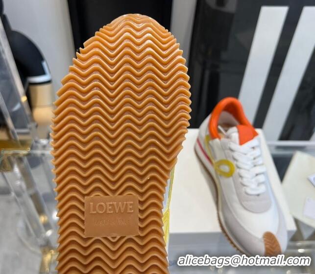 Luxury Cheap Loewe Flow Runner Sneakers in calfskin, nylon and suede White/Orange 0221074