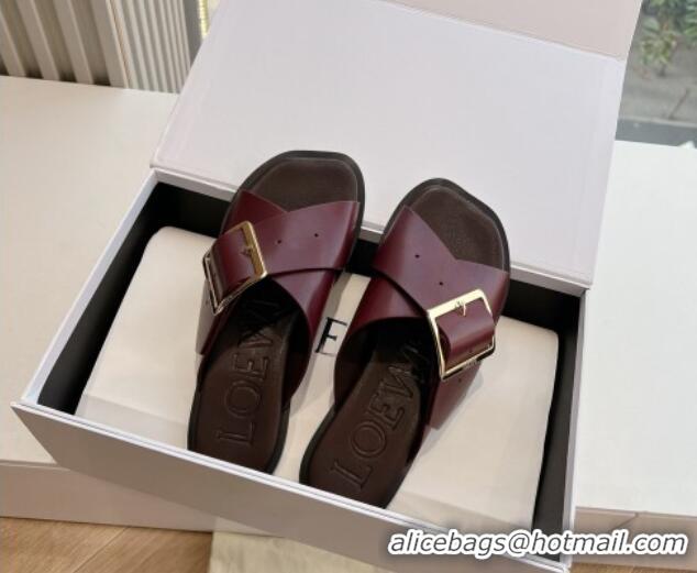 Buy Luxury Loewe Campo Calfskin Flat Slides Sandal with Buckle Strap Dark Burgundy 0221078