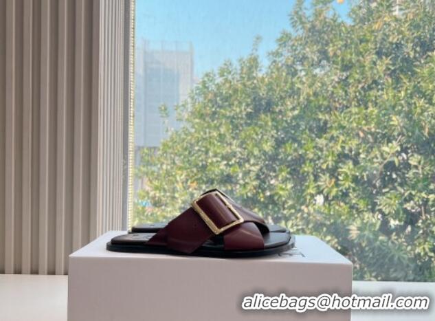 Buy Luxury Loewe Campo Calfskin Flat Slides Sandal with Buckle Strap Dark Burgundy 0221078