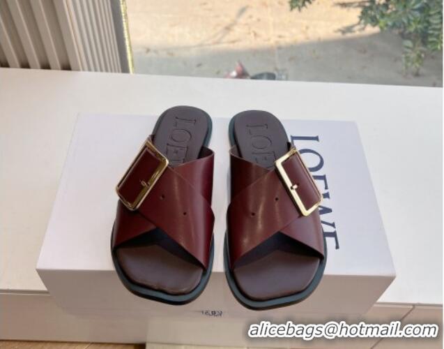 Buy Luxury Loewe Campo Calfskin Flat Slides Sandal with Buckle Strap Dark Burgundy 0221078