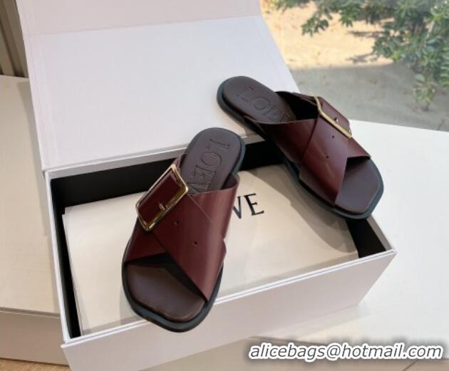 Buy Luxury Loewe Campo Calfskin Flat Slides Sandal with Buckle Strap Dark Burgundy 0221078