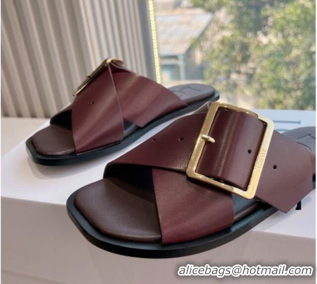 Buy Luxury Loewe Campo Calfskin Flat Slides Sandal with Buckle Strap Dark Burgundy 0221078