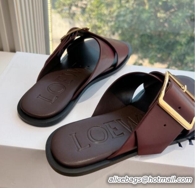 Buy Luxury Loewe Campo Calfskin Flat Slides Sandal with Buckle Strap Dark Burgundy 0221078