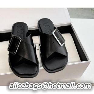 Top Grade Loewe Campo Calfskin Flat Slides Sandal with Buckle Strap Black 0221079