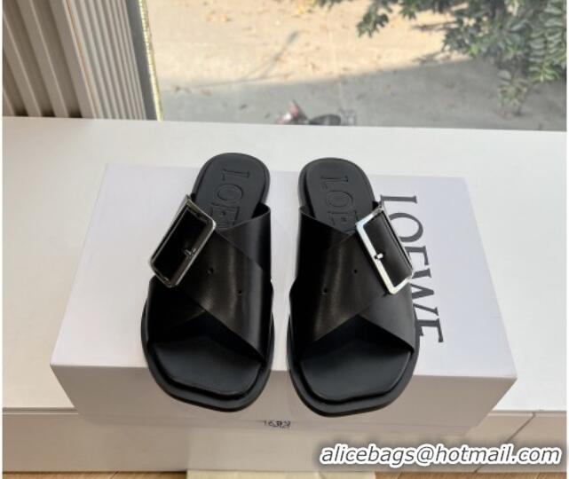 Top Grade Loewe Campo Calfskin Flat Slides Sandal with Buckle Strap Black 0221079