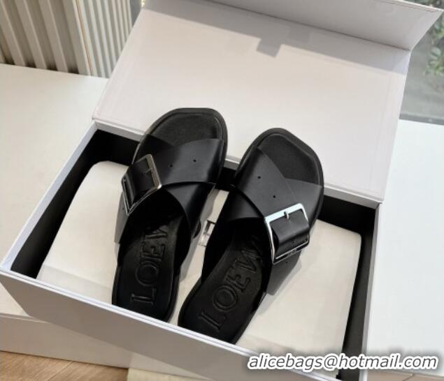 Top Grade Loewe Campo Calfskin Flat Slides Sandal with Buckle Strap Black 0221079