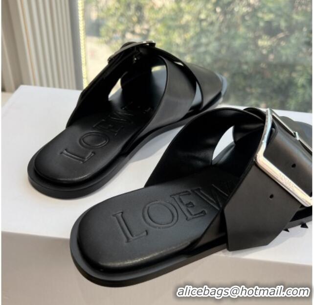 Top Grade Loewe Campo Calfskin Flat Slides Sandal with Buckle Strap Black 0221079