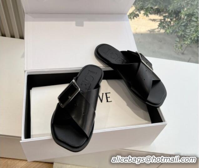 Top Grade Loewe Campo Calfskin Flat Slides Sandal with Buckle Strap Black 0221079