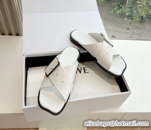 Unique Style Loewe Campo Calfskin Flat Slides Sandal with Buckle Strap White 0221080