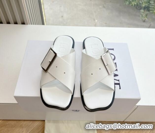 Unique Style Loewe Campo Calfskin Flat Slides Sandal with Buckle Strap White 0221080