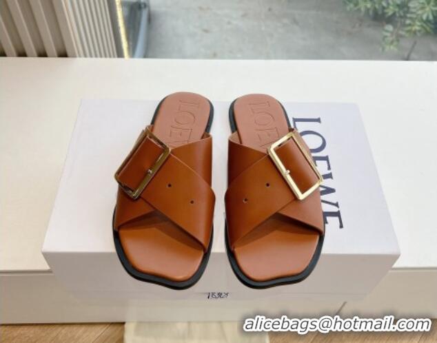 Good Looking Loewe Campo Calfskin Flat Slides Sandal with Buckle Strap Brown 0221081