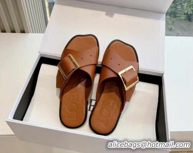 Good Looking Loewe Campo Calfskin Flat Slides Sandal with Buckle Strap Brown 0221081