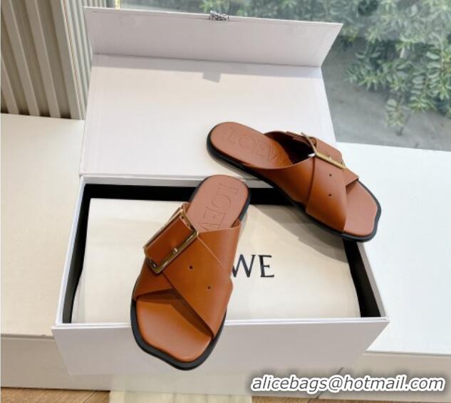 Good Looking Loewe Campo Calfskin Flat Slides Sandal with Buckle Strap Brown 0221081