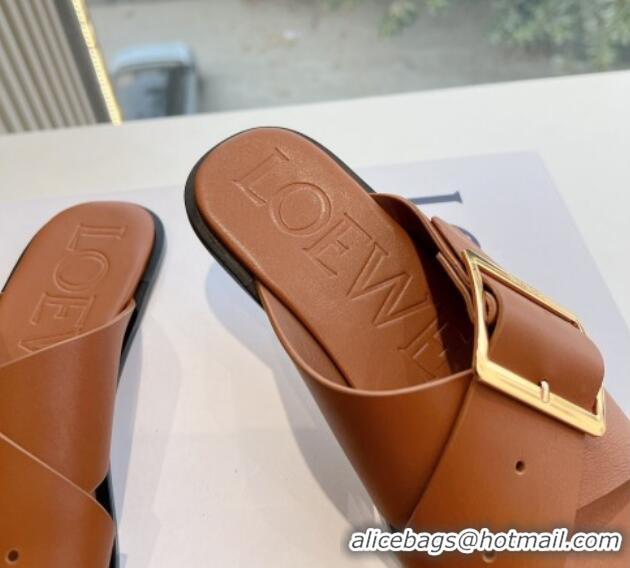 Good Looking Loewe Campo Calfskin Flat Slides Sandal with Buckle Strap Brown 0221081