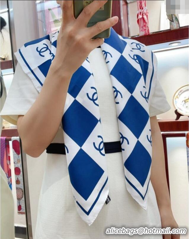 Famous Brand Chanel Check Silk Sqaure Scarf 90x90cm 0514 White/Blue 2024