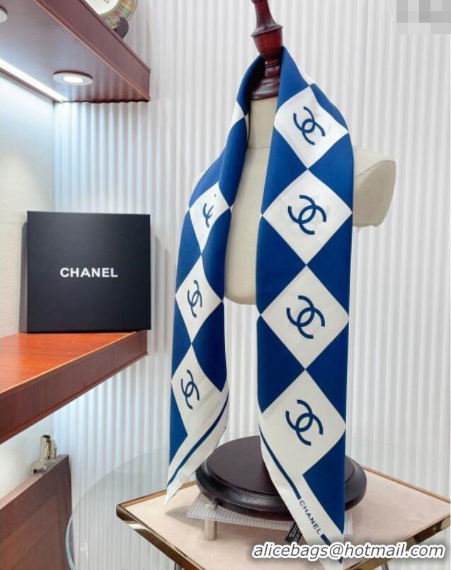 Famous Brand Chanel Check Silk Sqaure Scarf 90x90cm 0514 White/Blue 2024