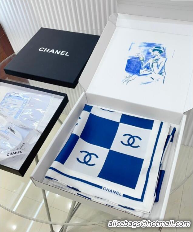 Famous Brand Chanel Check Silk Sqaure Scarf 90x90cm 0514 White/Blue 2024