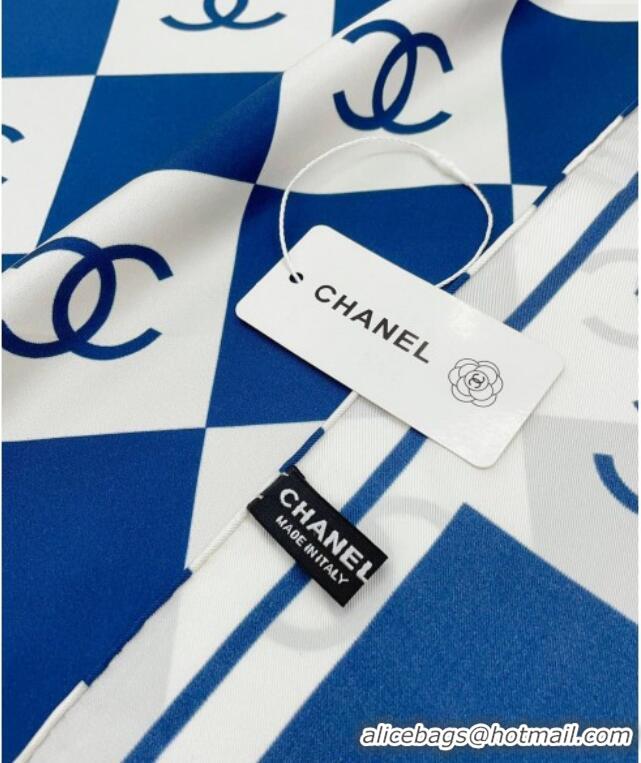 Famous Brand Chanel Check Silk Sqaure Scarf 90x90cm 0514 White/Blue 2024