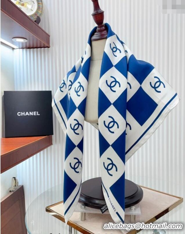 Famous Brand Chanel Check Silk Sqaure Scarf 90x90cm 0514 White/Blue 2024