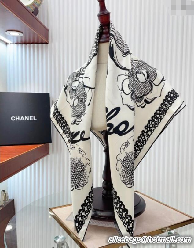 Well Crafted Chanel Silk Sqaure Scarf 90x90cm 051414 White 2024