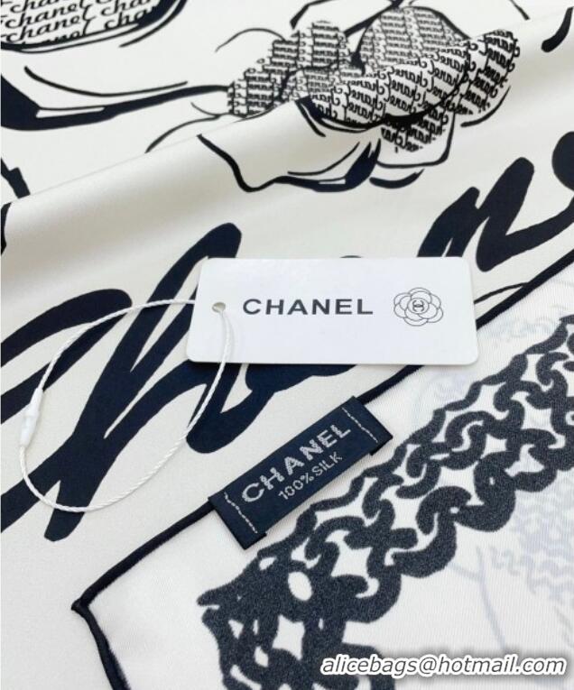 Well Crafted Chanel Silk Sqaure Scarf 90x90cm 051414 White 2024