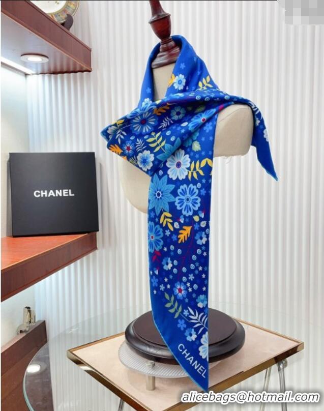 Low Cost Chanel Silk Sqaure Scarf 90x90cm with Flora 0619 Blue 2024